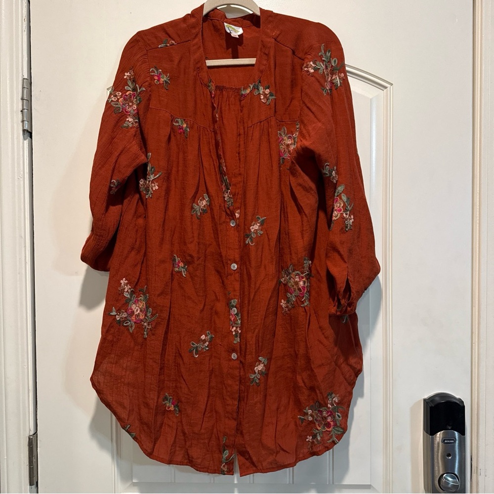 Fig and Flower Embroidered Terracotta Blouse Tunic